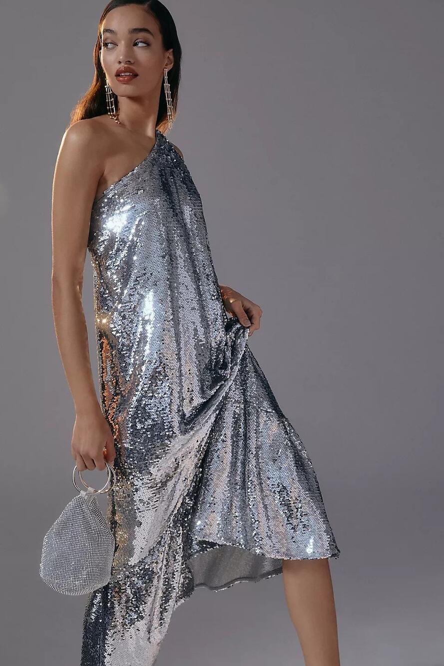 New Anthropologie Maeve One-Shoulder Sequin Midi Dress $230 SMALL Silver
